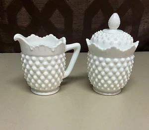 VTG Fenton Hobnail Milk Glass CREAM AND COVERED SUGAR BOWL SET Great Condition - Picture 1 of 7