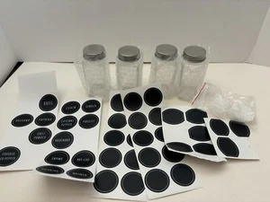 4 FRASCOS DE ESPECIAS de vidrio cuadrados modernos etiquetas/marcador tapa de acero inoxidable para pizarra - Imagen 1 de 10