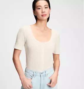 NWT, Gap Pointelle Button-Front Short Sleeve T-Shirt, Ivory Frost/White, Size L - Picture 1 of 11