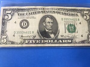 1974 $5 Five Dollar Federal Reserve Note.  Loc #22