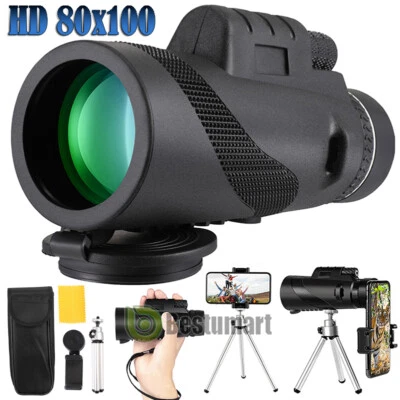 80x100 Zoom Day/Night Vision HD Monocular Telescope Camera for Phone+Tripod+Clip - Image 1 of 4