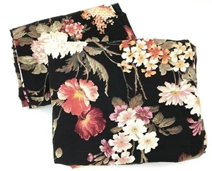 Vtg RICHLOOM Fabric Custom S/2 Curtains Double Wide Panels Unlined Black Floral  - Picture 1 of 12