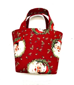 Handmade Fabric Lined Mini Tote Bag/Gift Bag Reusable Red Santa Clause Head New - Picture 1 of 8