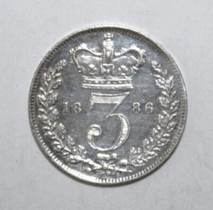 S4 - Great Britain 3 Pence 1886 Extremely Fine Silver Coin - Queen Victoria - Picture 1 of 2