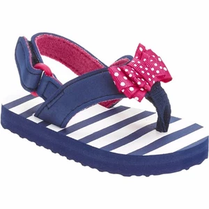 Girls Toddler Beach Flip Flop W Ankle Strap Size 3 Blue Stripes Pink Bow - Picture 1 of 4