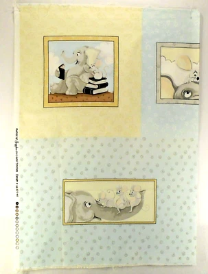 World of Susy Bee Elephant Mouse Pastel Yellow Blue Cotton Fabric Panel 28x41" - Image 1 of 4