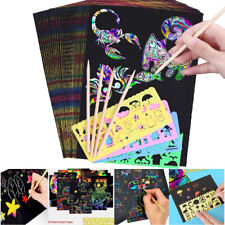 50 Sheets Scratch Art Paper Magic Rainbow Painting Doodle Boards+5 Wooden Stylus