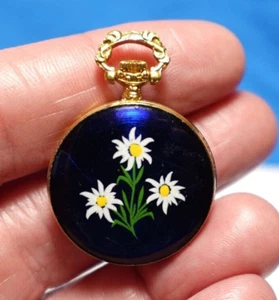 HANOWA GOLD BLUE ENAMEL PENDANT WATCH FLOWERS 7/48X 1 INCH NOT WORKING - Picture 1 of 2