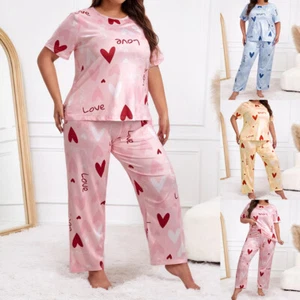 Plus Size Womens Heart Printed Tops Pants Sets Outfits Sleepwear Nightwear Robes - Picture 1 of 17