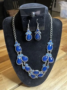 Vintage Blue Rhinestone Silver Tone Retro Necklace 18” Earrings Adjustable Used - Picture 1 of 4