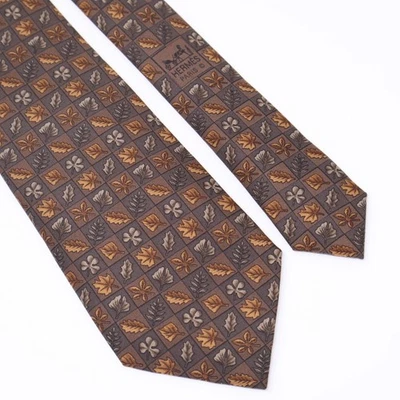 Corbata para hombre HERMES Paris marrón a cuadros hojas de otoño seda 7724 OA Foto 1 de 4