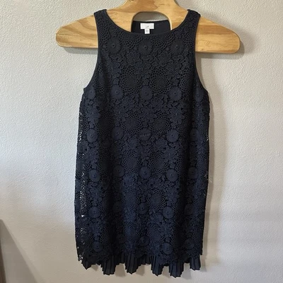 Vestido J Jill Azul Marino Crochet Bordado Superpuesto Talla Mediana Dobladillo Plisado Foto 1 de 4