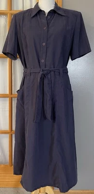 80s Liz Claiborne Belted Midi Dress Sz 16 Navy Buttons Pockets Classic Modest - Image 1 of 4