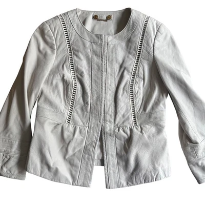 $925 TORY BURCH Milne Cuero Perforado Tapioca Recortado Moto Chaqueta TALLA XS-MED Foto 1 de 4