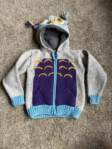 E.C.C. Ecuadorian Clothing Company 4 Kids Owl Full Zip Hoody Knit Jacket Sweater - Picture 1 of 6