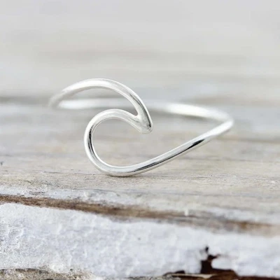 Solid 925 Sterling Silver Wave Ring Minimalist Ocean Surf Design Jewelry For Her - Image 1 of 4