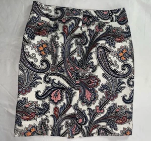 Ann Taylor Paisley Skirt 2P Blue Pencil Straight Career Cotton Stretch Petite - Picture 1 of 4
