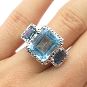 925 Sterling Silver Real Diamond & Blue Topaz Gemstone Ring Size 6 3/4 - Picture 1 of 7