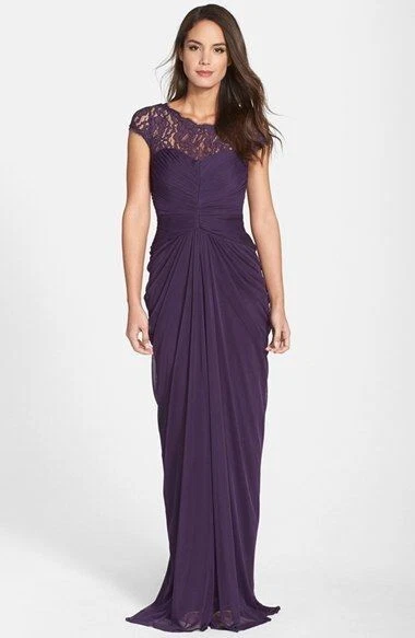ADRIANNA PAPELL Purple Eggplant Plum Sheer Lace Yoke Drape Gathered Maxi Gown 8 - Image 1 of 4