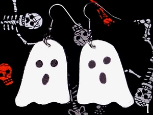WHITE LEATHER GHOST EARRINGS HANDMADE 1-1/2" LONG OOAK 1 - Picture 1 of 2