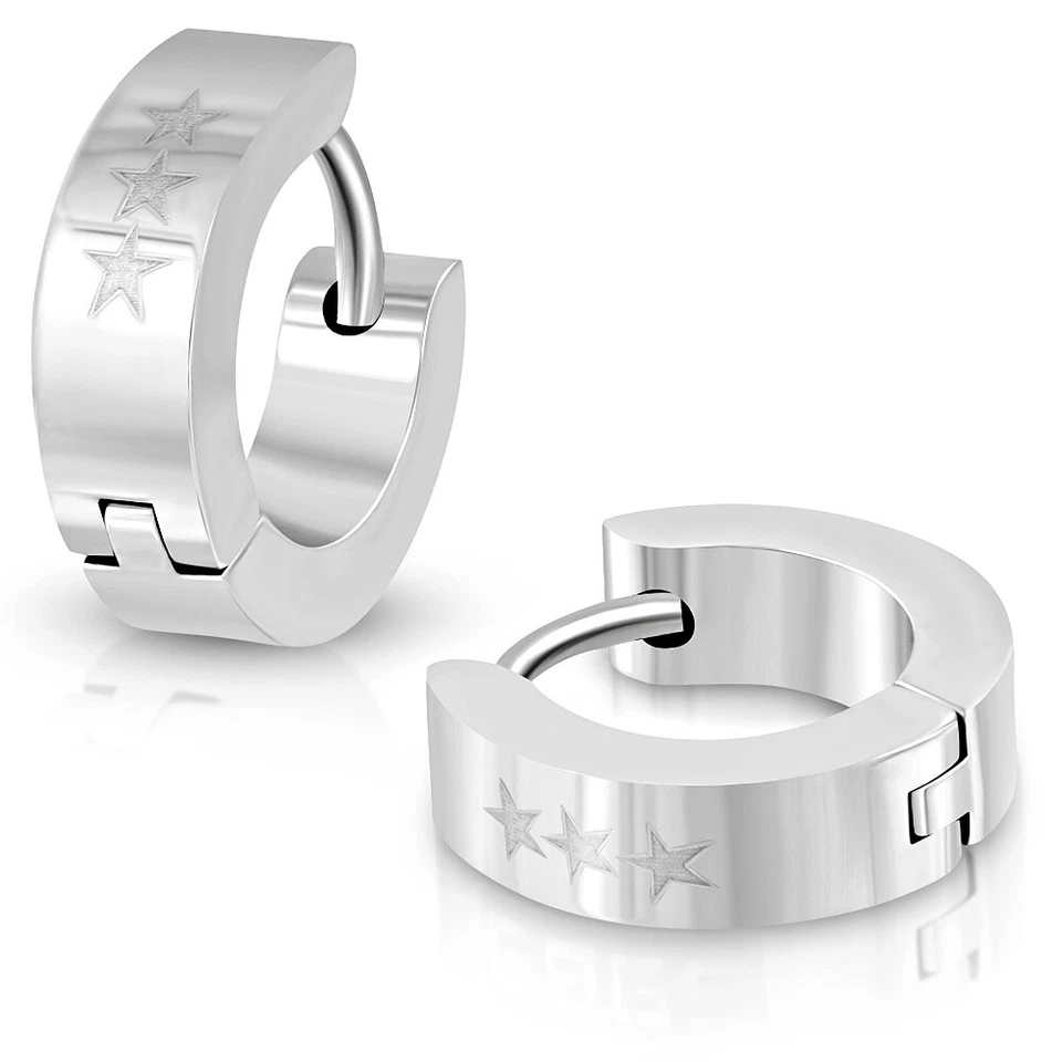 Paio Pieghevole Orecchini a Cerchio Acciaio Inox Argento Brillante Stars Stella - Immagine 1 di 1