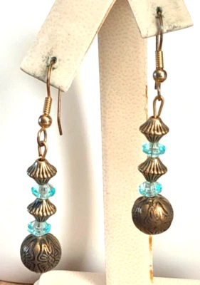 Artisan Made 2" Long Bronze Tone Blue Crystal Drop/Dangle Boho Earrings - Image 1 of 2