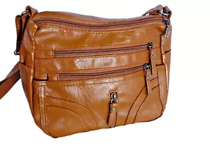 Brown Faux Leather Crossbody Shoulder Bag Purse Multi Compartment 8 X 10 NWOT - Picture 1 of 20