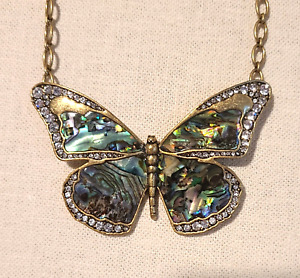 FOSSIL RHINESTONE BUTTERFLY ANTIQUED GOLDTONE ABALONE STATEMENT NECKLACE LG NWOT