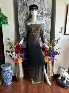 MARINA BLACK & GOLD LACE OFF THE SHOULDER OMBRÉ BODY CON FLOOR LENGTH GOWN 6 - Picture 1 of 7