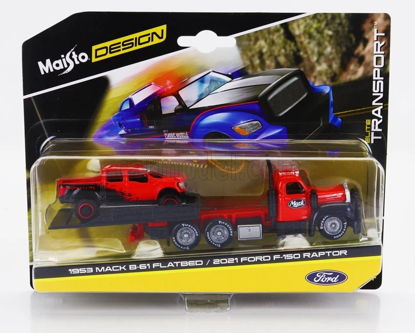 1/64 MAISTO - MACK - B-61 FLATBED RAMP TRUCK WITH FORD USA F-150 RAPTOR 15055- - Immagine 1 di 1
