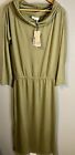 DKNY Pure Off/One Shoulder Cowl Neck Midi Dress Green Jersey Dress Small NWT