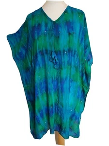 Batik Kaftan Tunika Top Pfau Grün & Blau Gold Größe 12-22 Brandneu IK3 Neu - Bild 1 von 3