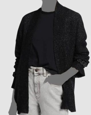 3295 美元 Brunello Cucinelli 女式黑色金属罗纹开衫 Monili 尺寸 S — 第 1/3 张图片
