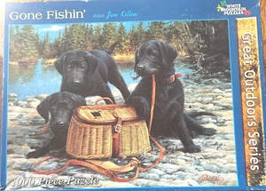 Gone Fishin' NEW 1000 PC Puzzle Wonderful Pups Dogs Waiting for Fish Basket Pond - Picture 1 of 8