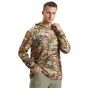 Army Men's Long Sleeve Combat T-Shirt Tactical Military Shirt Camo Hooded Casual - Picture 1 of 35