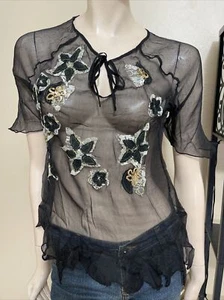 Damen schwarz Seide lässig Sommer durchsichtig perlenbestickt Spitze Größe L Bluse Top - Bild 1 von 11