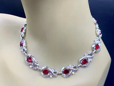 COLLAR CADENA ESLABONES CHAPADO EN PLATA VINTAGE VIDRIO ROJO RUBÍ MODA ART DECO Foto 1 de 4