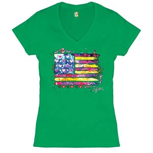 Colorful American Flag Women's V-Neck T-shirt Patriotic 4th of July USA Tee - Picture 1 of 41