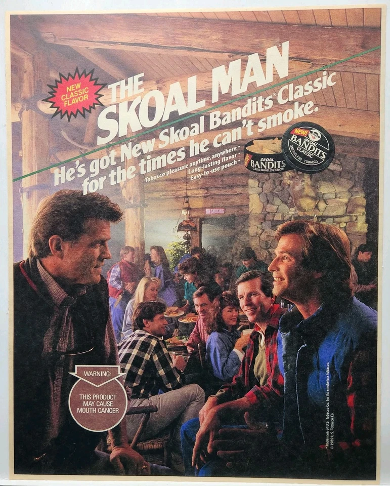 Cartel impreso de escena de fiesta de tabaco Skoal Bandits 1989 anuncio hombre cueva años 80 Foto 1 de 1