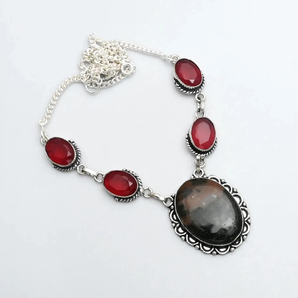 Dendrite Opal Simulated Ruby Gemstone Handmade Necklace Jewelry 28 Gms AN 14545 - Image 1 of 1