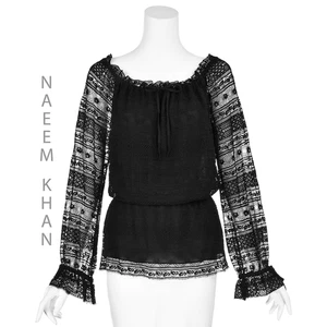 NAEEM KHAN Black Guipure Lace Peasant Blouse Lined & w/Elastic Waist SZ L, XL - Picture 1 of 10