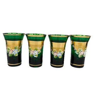 4 vasos de chupito vintage checos bohemios dorados verdes oscuros pintados a mano florales - Imagen 1 de 17