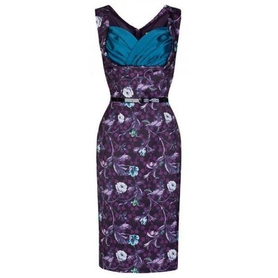 LINDY BOP Ванесса фиолетовый лес шевелиться карандаш платье размер 16 2XL цветочный бирюзовый ремень - Изображение 1 из 4