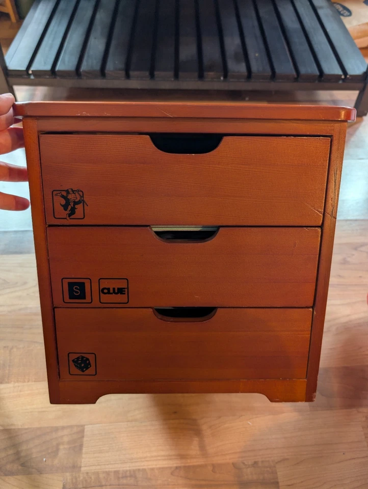 VTG Parker Bros Wooden 3 Drawer Game Box Mahogany Finish Monopoly Clue Scrabble - Image 1 of 4