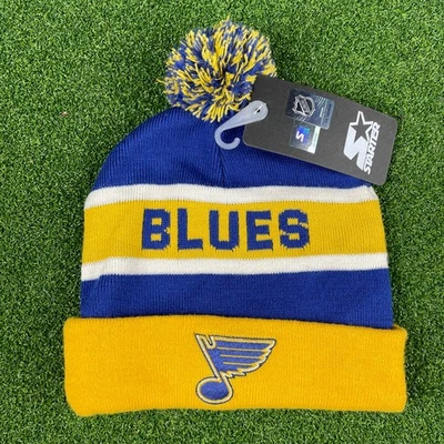 St. Louis Blues NHL Hockey Gold Blue Starter Cuffed Knit with a Pom Beanie Hat  - Image 1 of 4