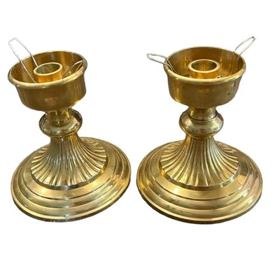 Hosley International Candle Holders Pair Brass Fluted Vintage 1980s - Image 1 of 4
