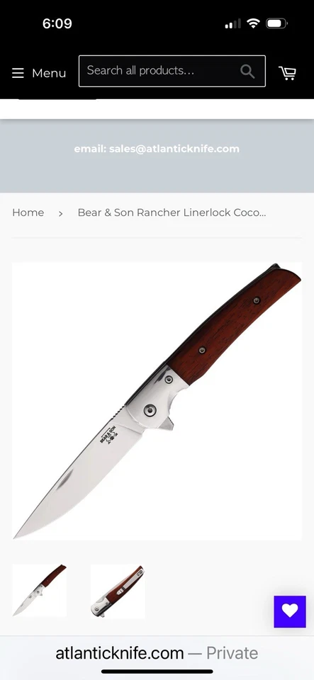 Cuchillo Plegable Bear & Son Rancher Sideliner Madera Cocobolo 3.37 Pulgadas Acabado Satinado Foto 1 de 1