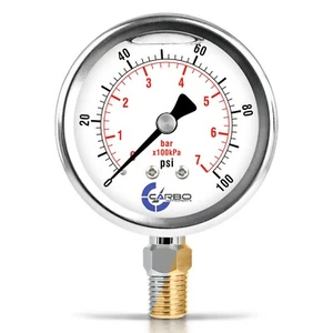 2-1/2" Pressure Gauge, Stainless Steel Case, Liquid Filled, Lower Mnt 100 PSI - Picture 1 of 6
