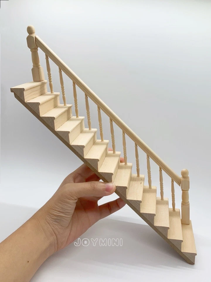 1/12 Dollhouse Right Miniature Staircase Straight Handrail Stair Step Furniture - Image 1 of 4