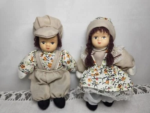 Pair of Vtg SPRINGFORD 5" Miniature Porcelain Face Dolls Hat Bonnet Calico Print - Picture 1 of 6